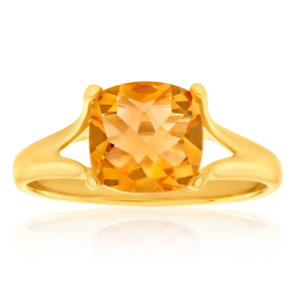 2ct Cushion Cut Citrine Ring in 9ct Yellow Gold