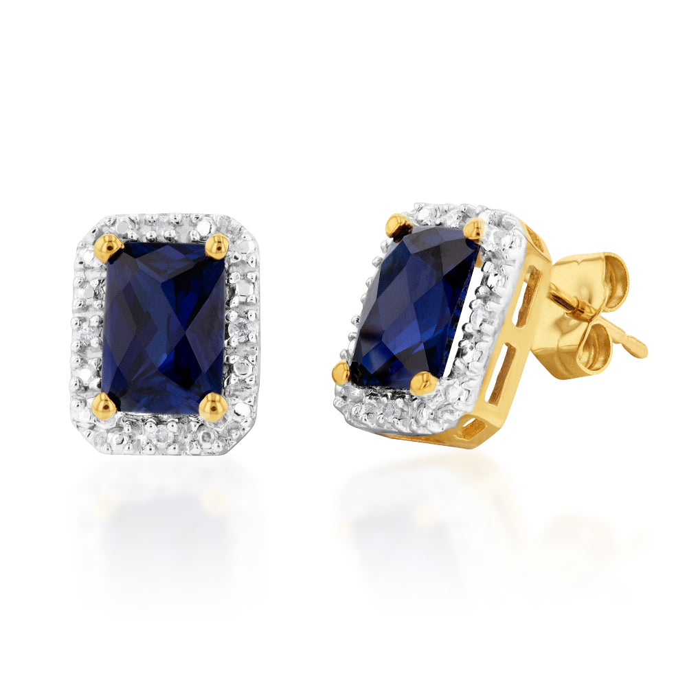 Stunning 9ct Yellow Gold Stud Earrings with Created Sapphires and Diamonds