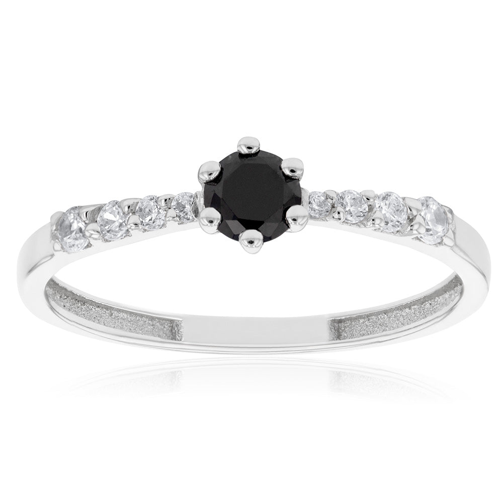 Stunning 9ct White Gold Ring with Black Zirconia Solitaire and Fancy Channel Design