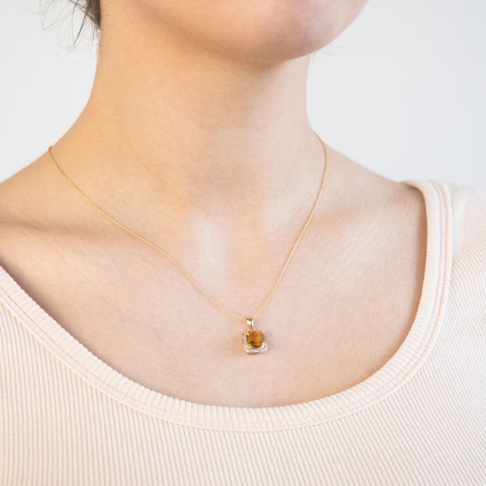 Stunning 9ct Yellow Gold Pendant with 2ct Cushion - Cut Citrine and Diamonds