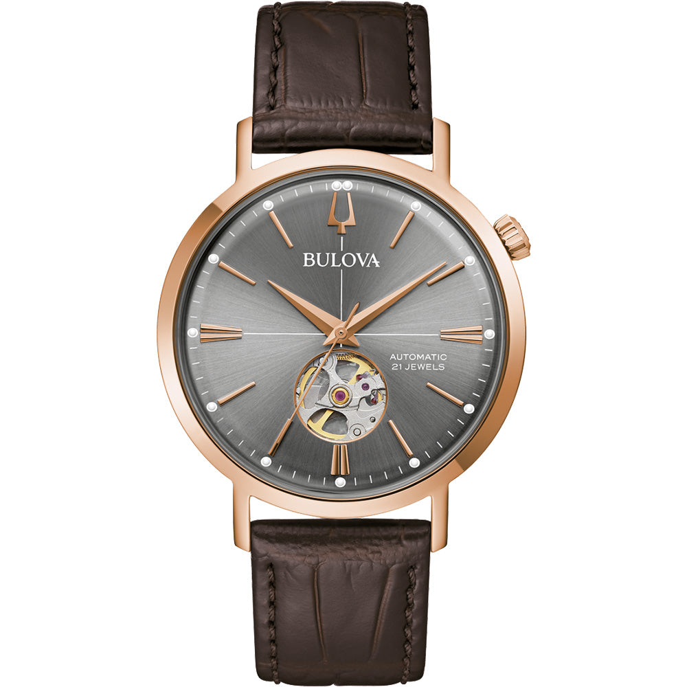 Bulova 97A171 Classic Aerojet Automatic Watch with Rose Gold Tone and Brown Leather Band