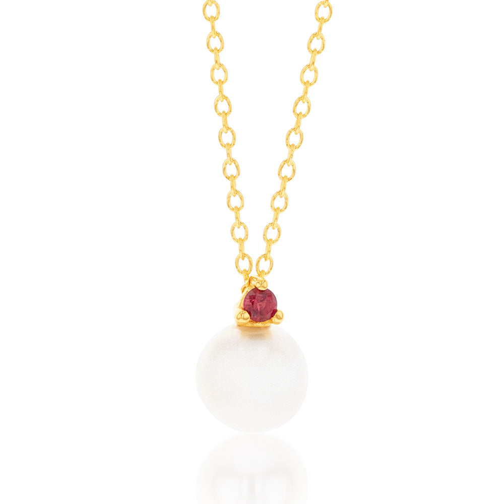 Adjustable 9ct Yellow Gold Pendant with Red Cubic Zirconia and Pearl on Chain