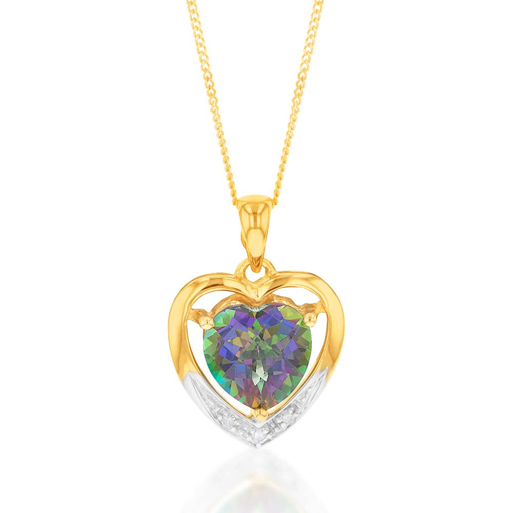 Stunning 9-carat Yellow Gold Heart Pendant Featuring Enhanced Mystic Topaz and Diamonds, Comes with a 46cm Chain