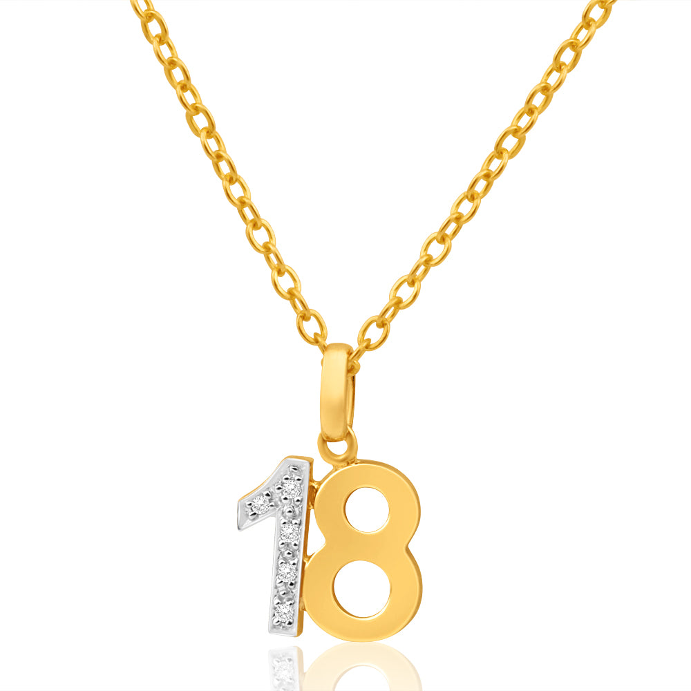 9-carat Yellow Gold Diamond-encrusted '18' Pendant for Women