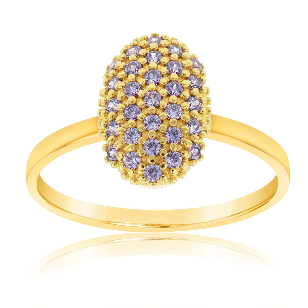 9 Carat Yellow Gold Oval Pave Engagement Ring with 11X8mm Purple Cubic Zirconia Stones