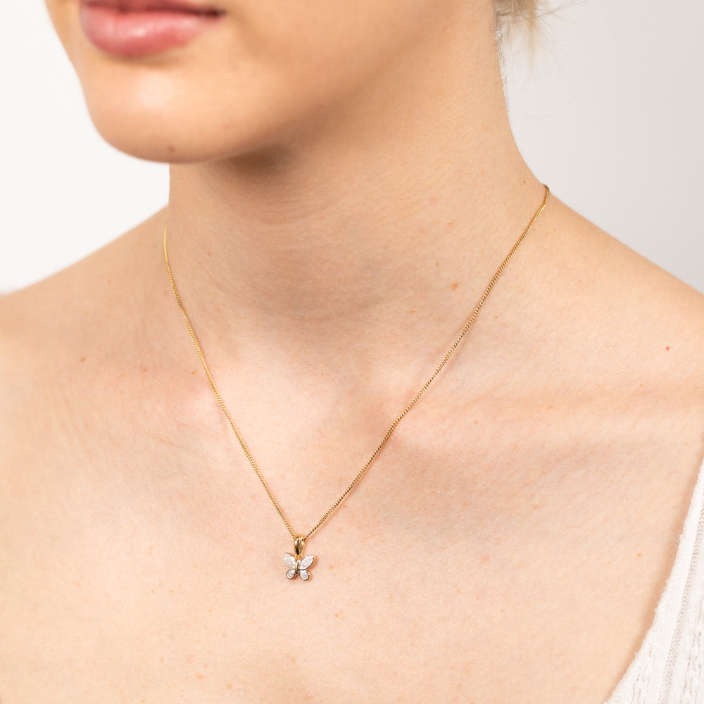 Exquisite 9ct Yellow Gold Butterfly Pendant Adorned with 8 Sparkling Diamonds - Jewelry Accessory