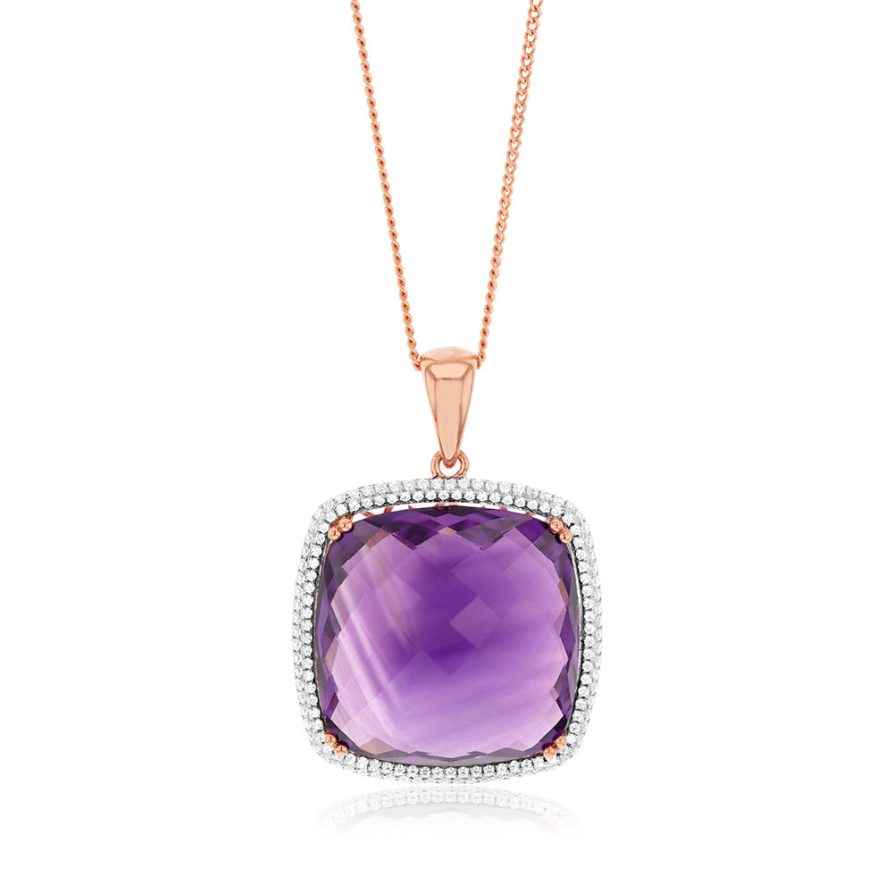 9ct Rose Gold Amethyst and 0.54 Carat Cubic Zirconia Jewelry Pendant