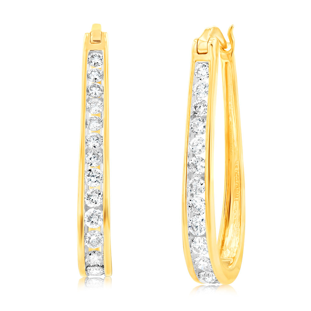Gorgeous 9 Carat Yellow Gold Hoop Earrings with a 1 - Carat Channel Set of 28 Brilliant - Cut Diamonds