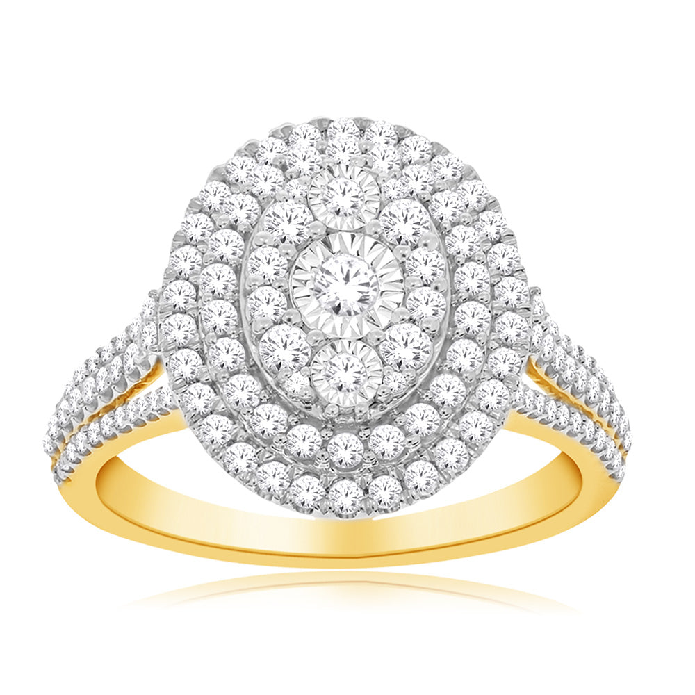 Stunning 10-Carat Yellow Gold 1-Carat Diamond Oval Cluster Engagement Ring