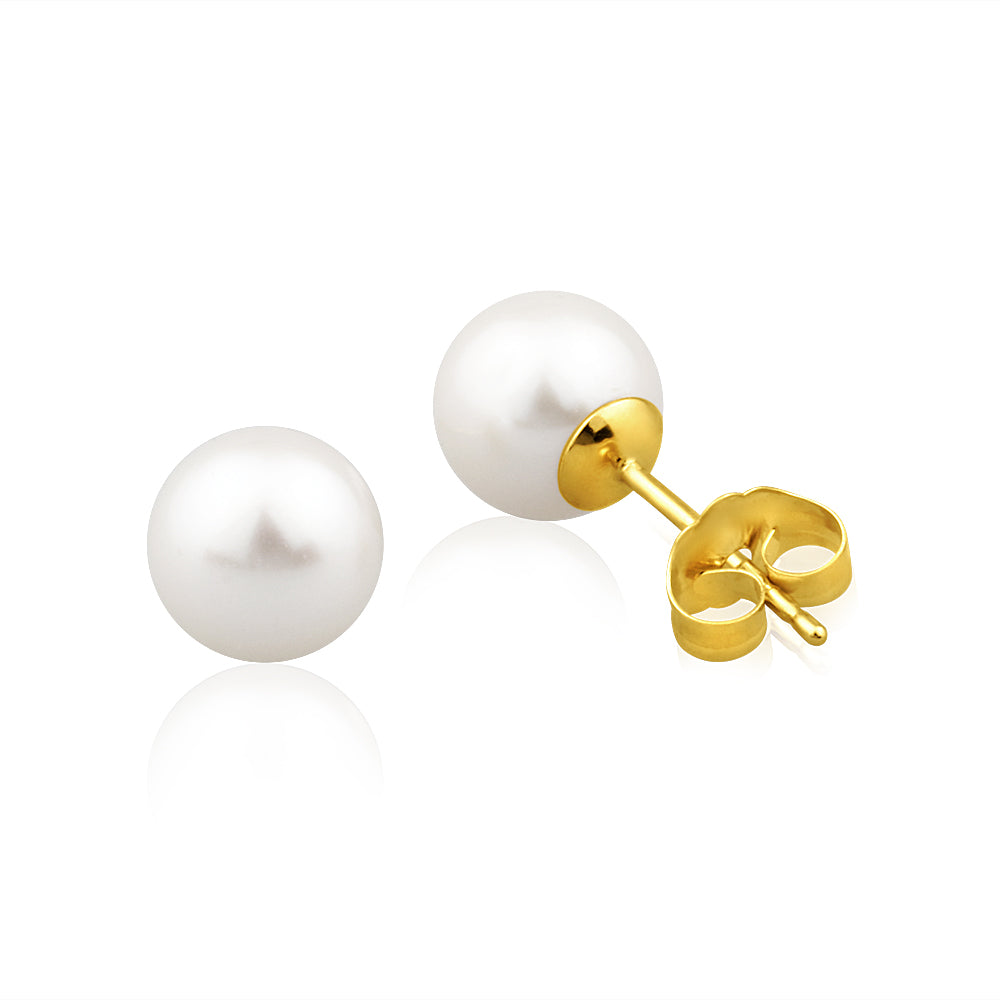 Exquisite 14 - carat Yellow Gold Stud Earrings with 7mm White Freshwater Pearls