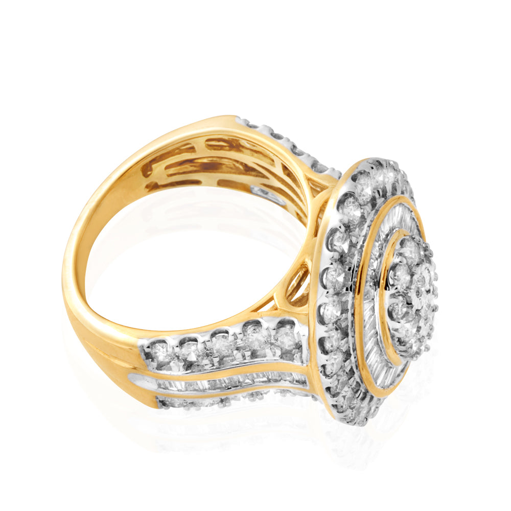Stunning 9ct Yellow Gold 3-Carat Oval Cluster Diamond Ring with Brilliant & Baguette Stones