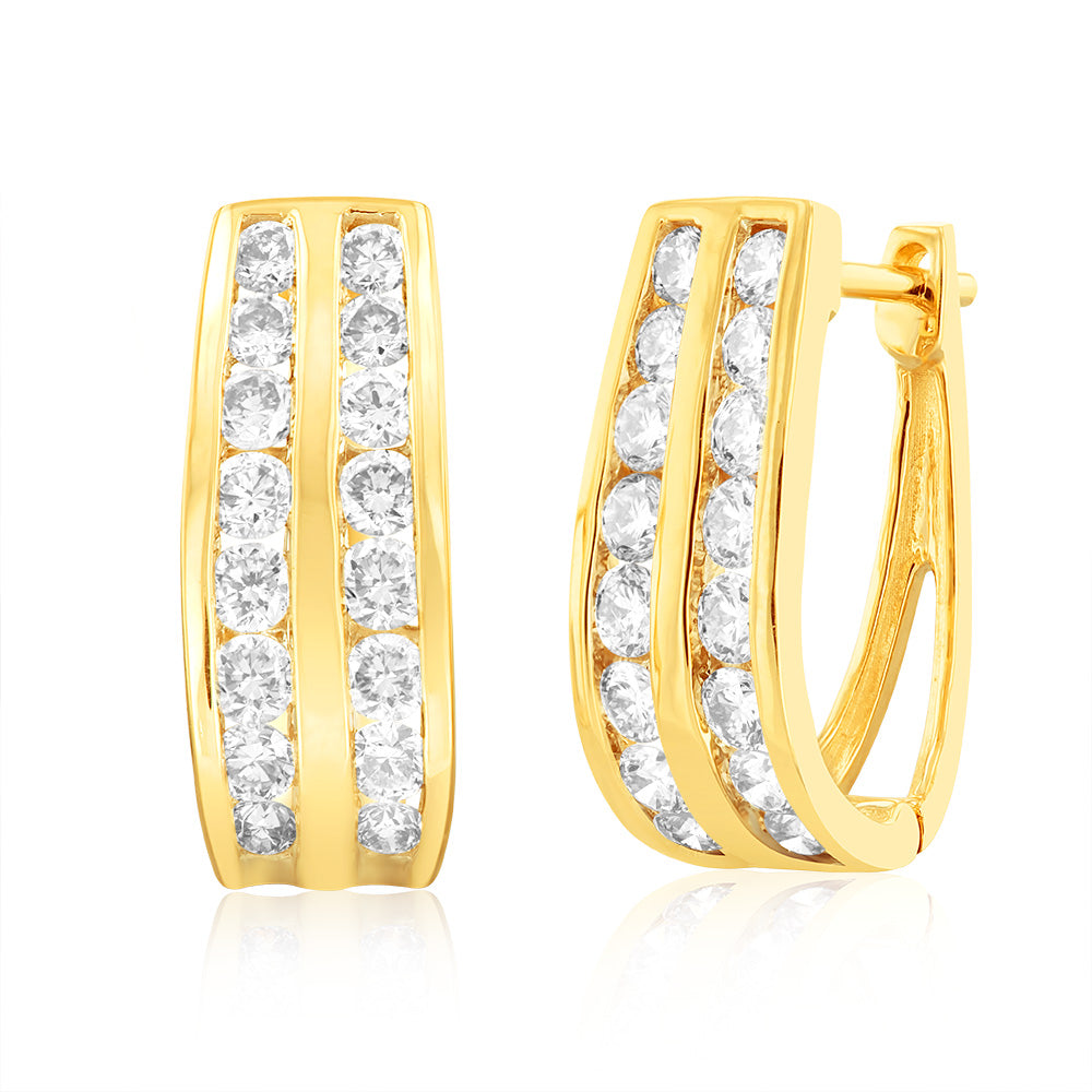 Stunning 9ct Yellow Gold Hoop Earrings with 1 Carat Diamond TW in 2 Rows