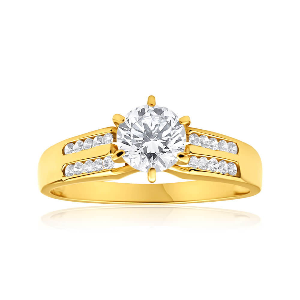 9 Carat Yellow Gold 6 Millimeter Solitaire and Channel Set Cubic Zirconia Women's Ring for Special Occasions