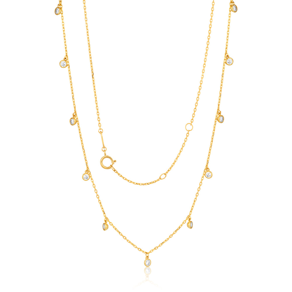 9ct Yellow Gold Chain with 11 Cubic Zirconias, Adjustable 38 - 40cm for Layering