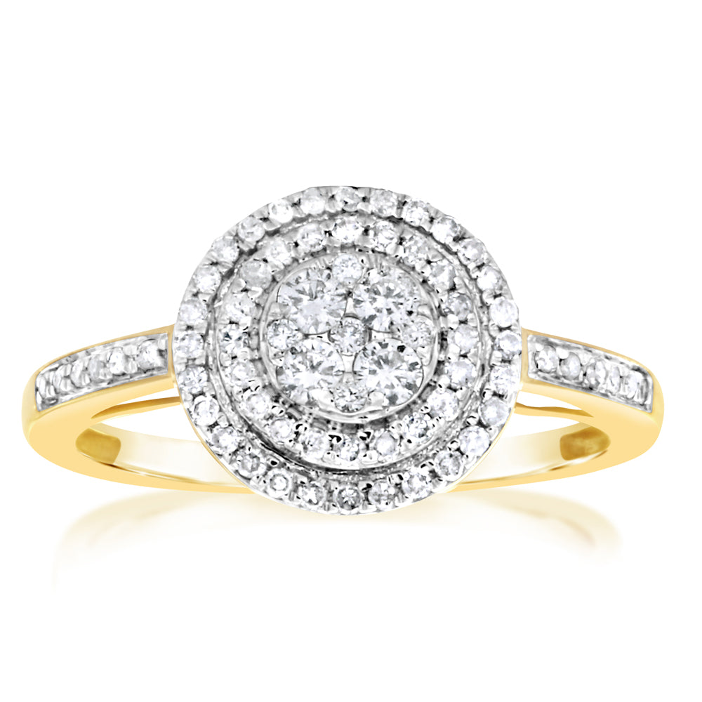 Half-Carat Halo Diamond Engagement Ring Crafted from 9-Carat Yellow Gold