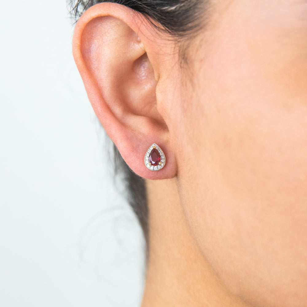 Gorgeous 9ct Yellow Gold Pear Halo Stud Earrings with Created Rubies and Diamonds