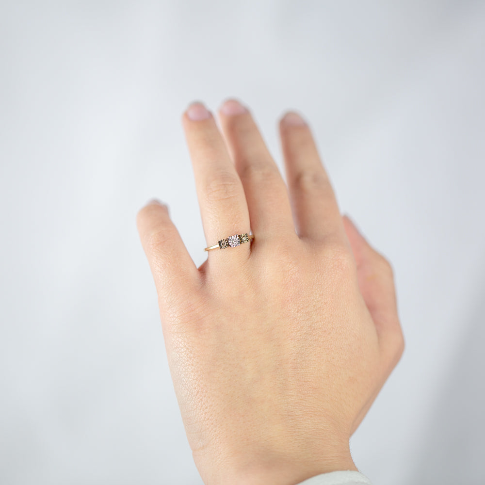 Exquisite 9 Carat Yellow Gold Engagement Ring Featuring Australian Champagne Diamonds and Two Sparkling White Diamonds