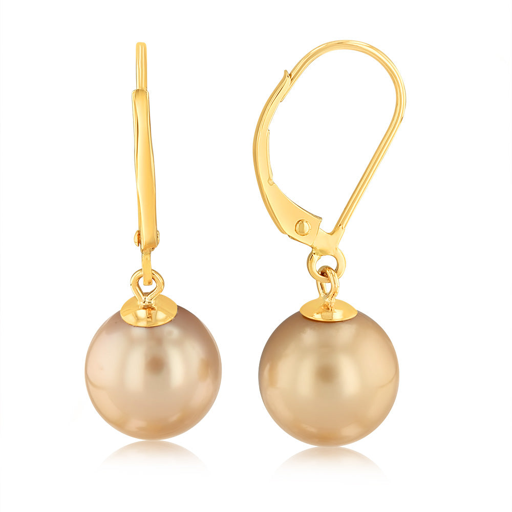 9ct Yellow Gold Earrings with 9 - 10mm Golden South Sea Pearl Drops