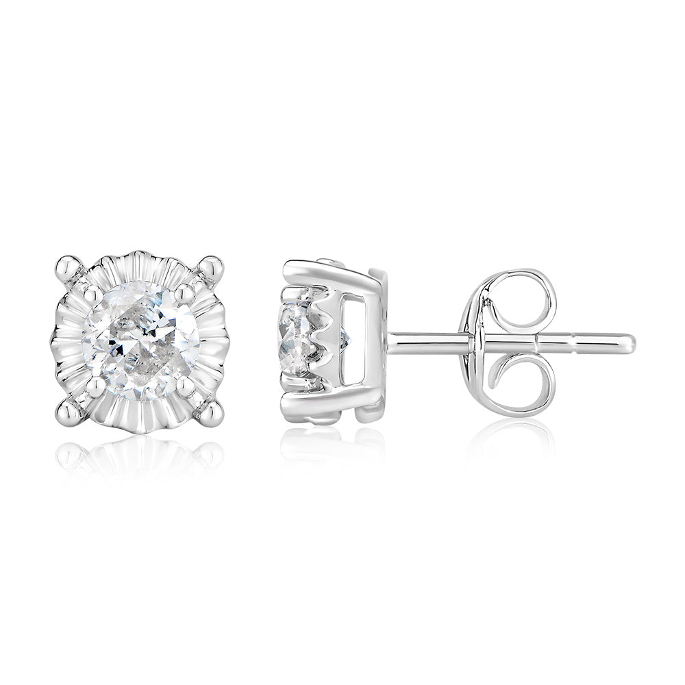 9ct White Gold Three - Quarter Carat Diamond Solitaire Stud Earrings with Disc - Style Setting