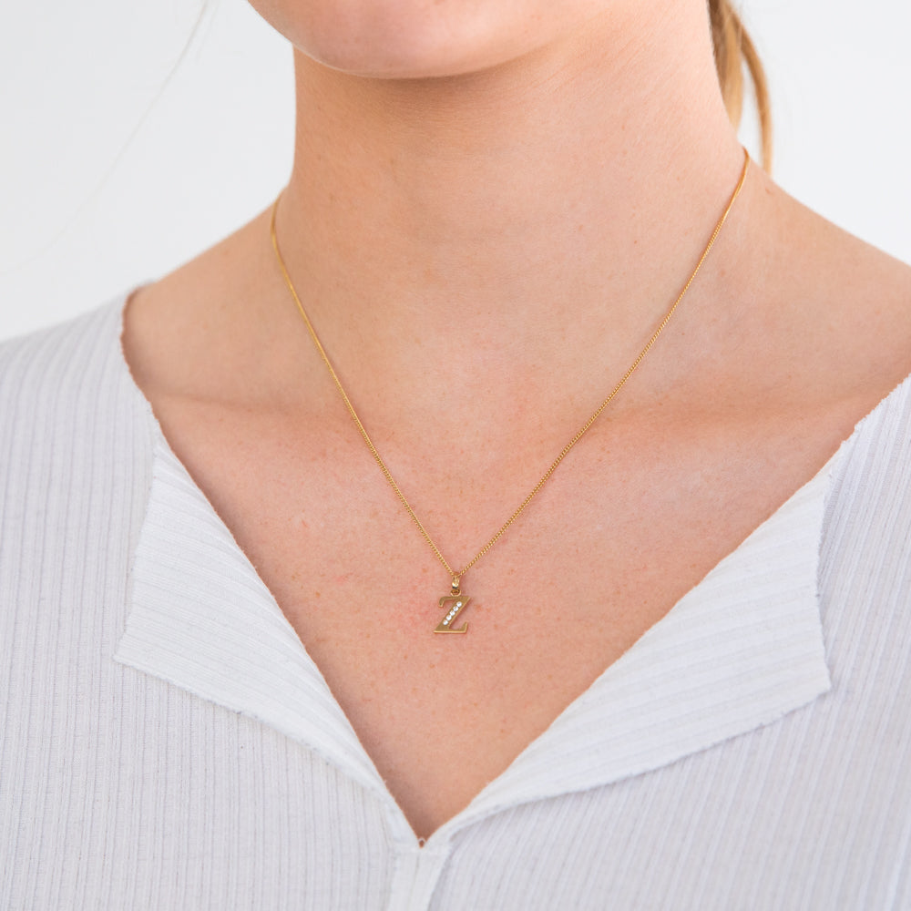 Stunning 9 Carat Yellow Gold Initial Z Pendant Embellished with Zirconias for Personalized Jewelry