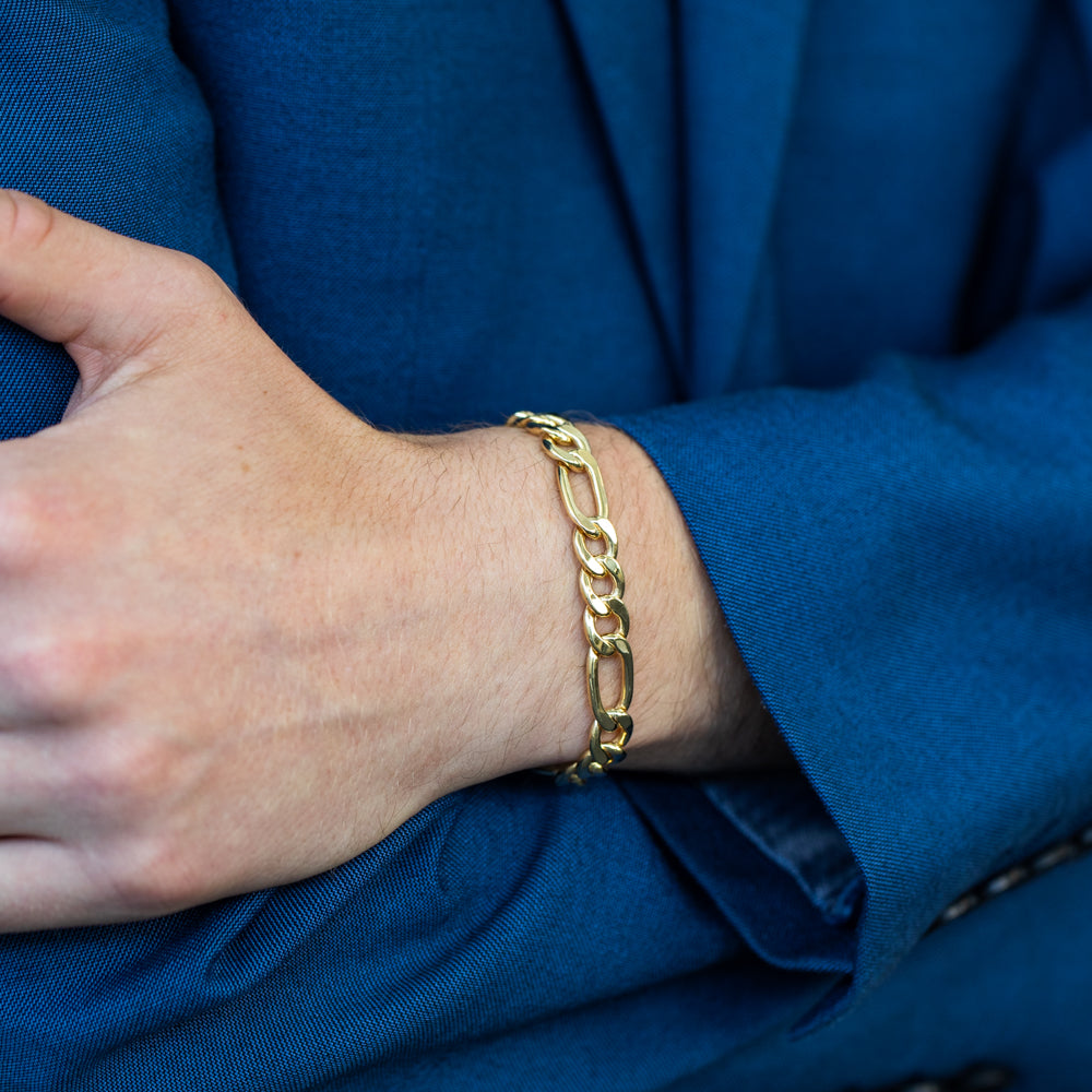 9ct Yellow Gold-plated Copper 3:1 Figaro Style Men's and Women's Bracelet, 21cm Length, 230 Gauge