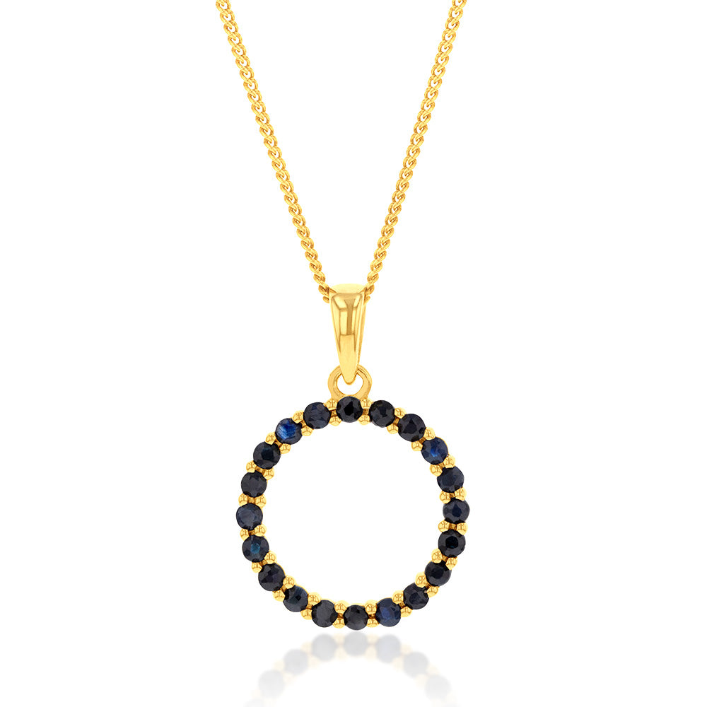 15mm 9ct Yellow Gold Pendant with Natural Black Sapphire - Circle of Life Design