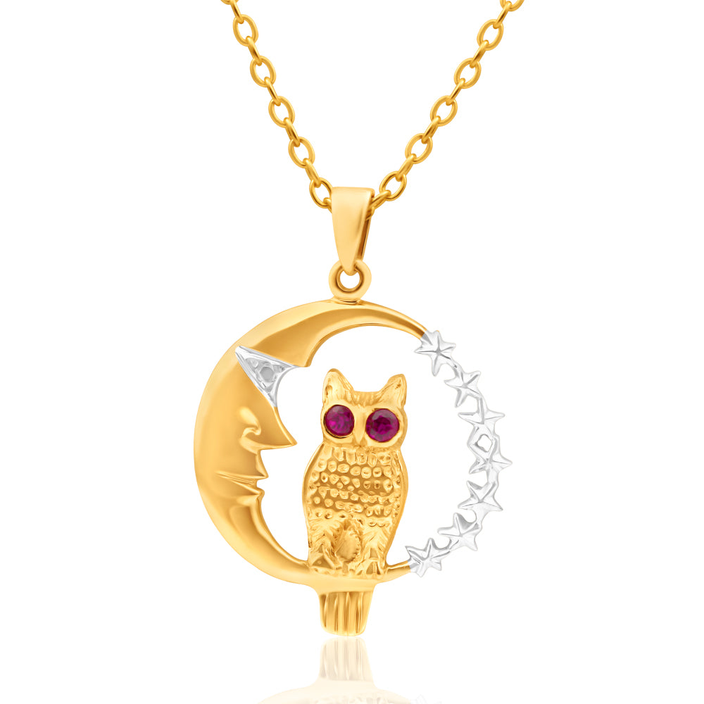 9ct Yellow Gold Fashionable Created Ruby Owl and Moon Pendant for Jewelry Lovers