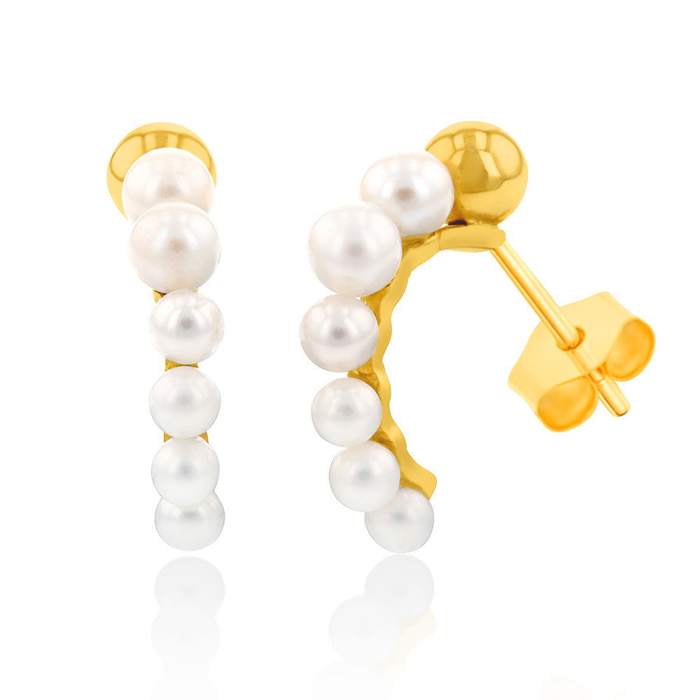Half Hoop Stud Earrings with 9ct Yellow Gold and Freshwater Pearls