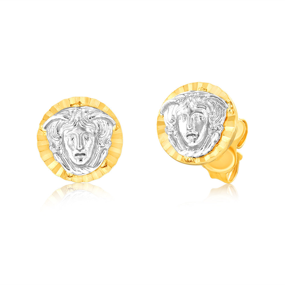 Stylish 9ct Two - Toned Yellow and White Gold Medusa Stud Earrings