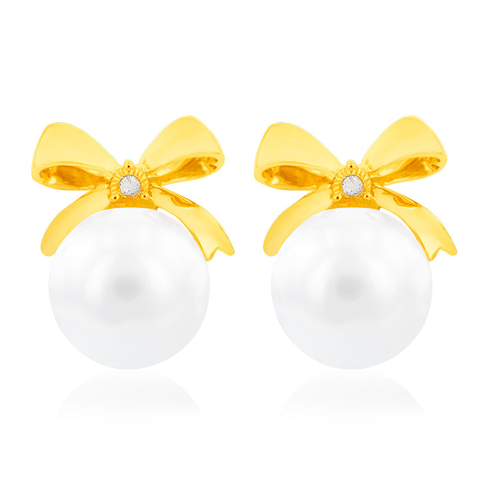 11.5 - 12mm White South Sea Pearl and Diamond Bow Studs in 9ct Yellow Gold