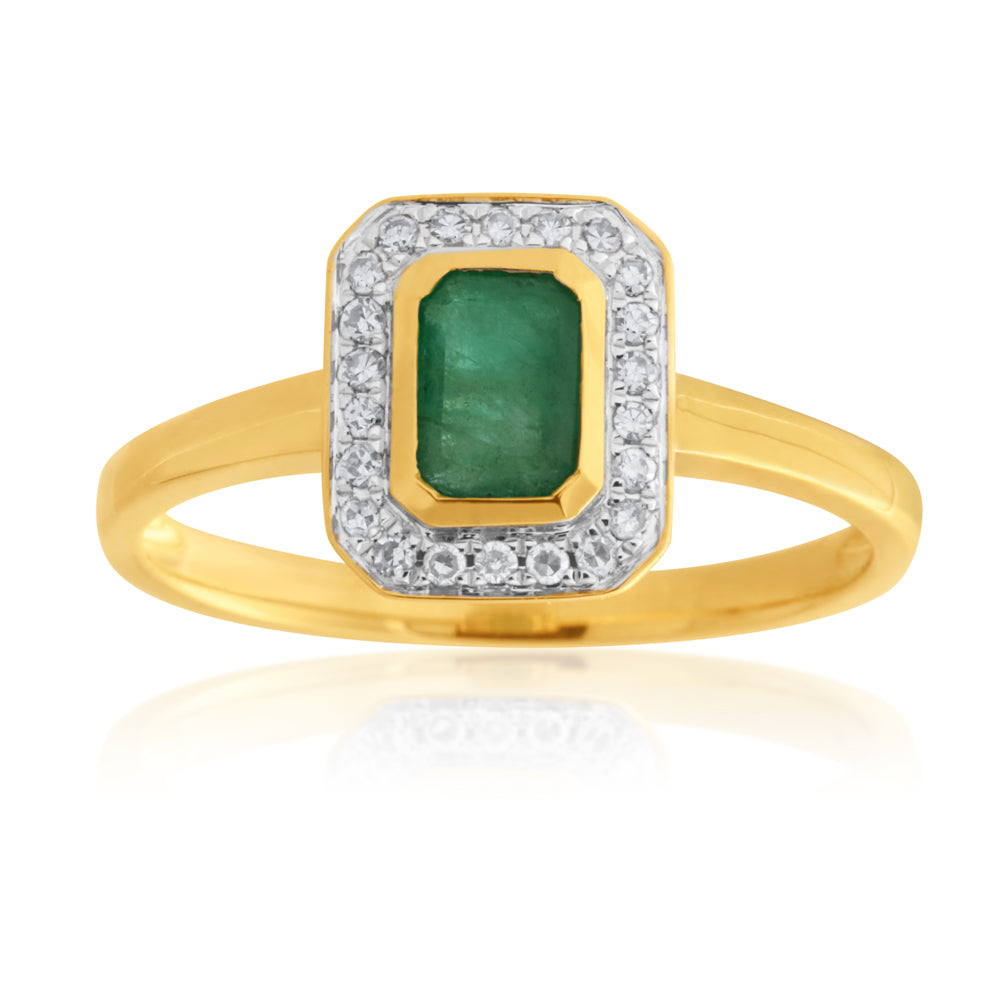 9ct Yellow Gold Ring with 0.6ct Natural Emerald and 1/10 Carat Diamonds