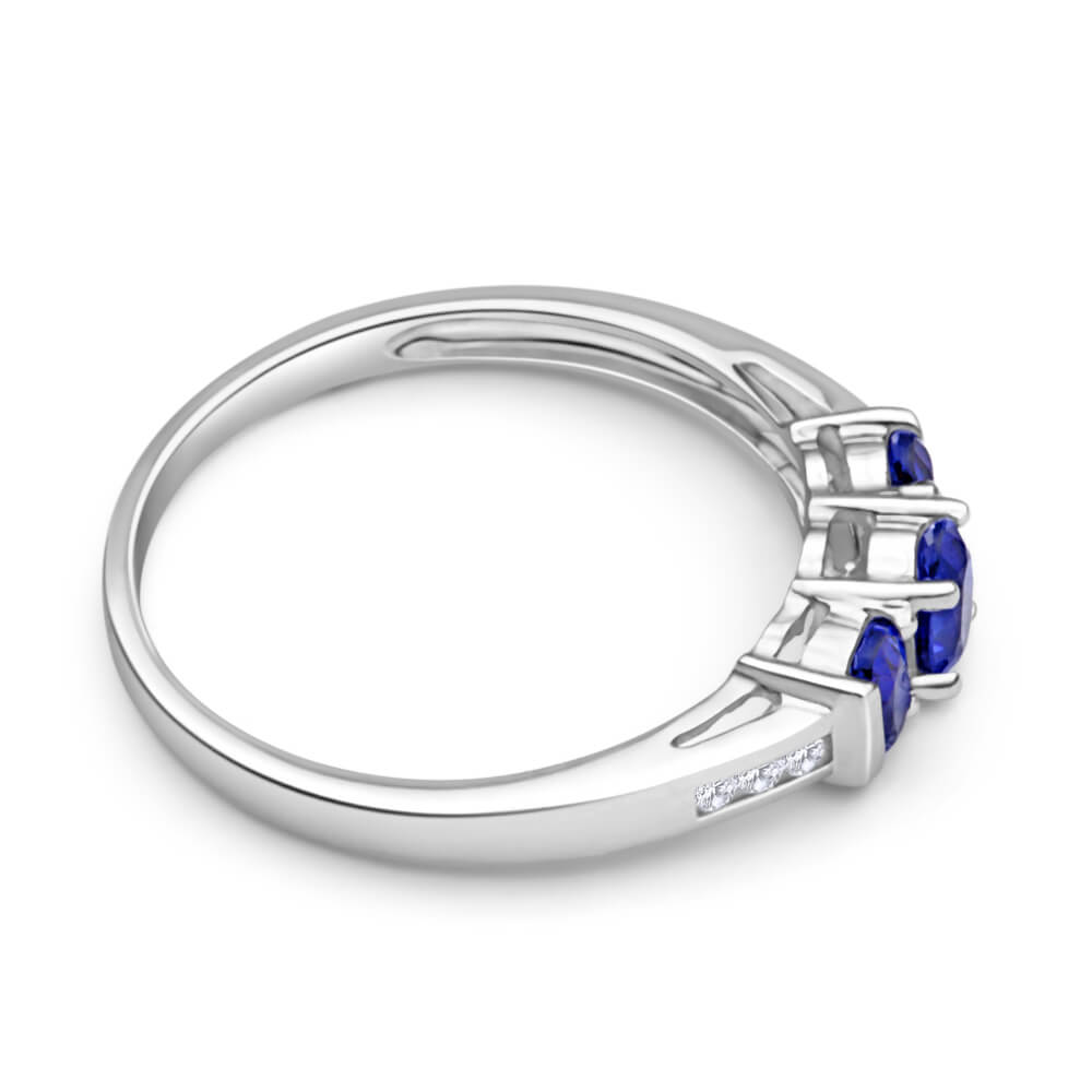 Stunning 9ct White Gold Ring with Created Tanzanite Trio and Diamonds