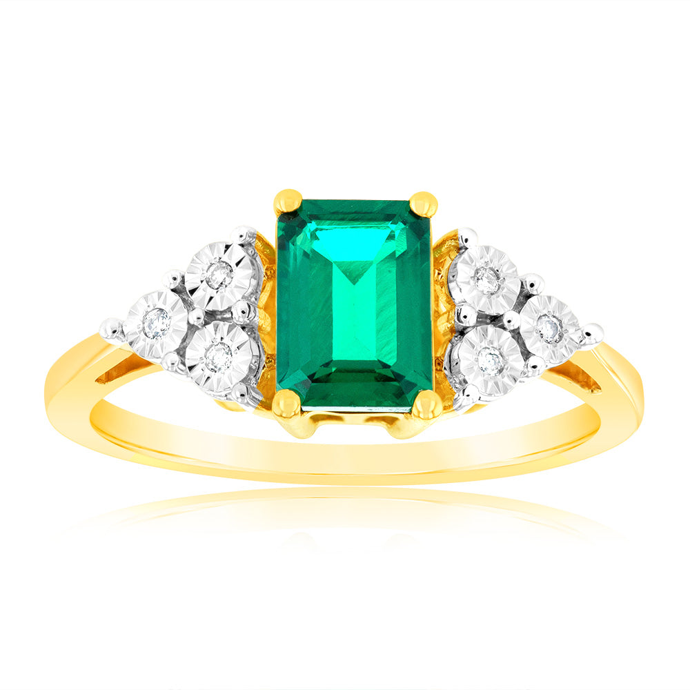 7mm 9ct Yellow Gold Ring with Lab - Created Emeralds and Diamonds