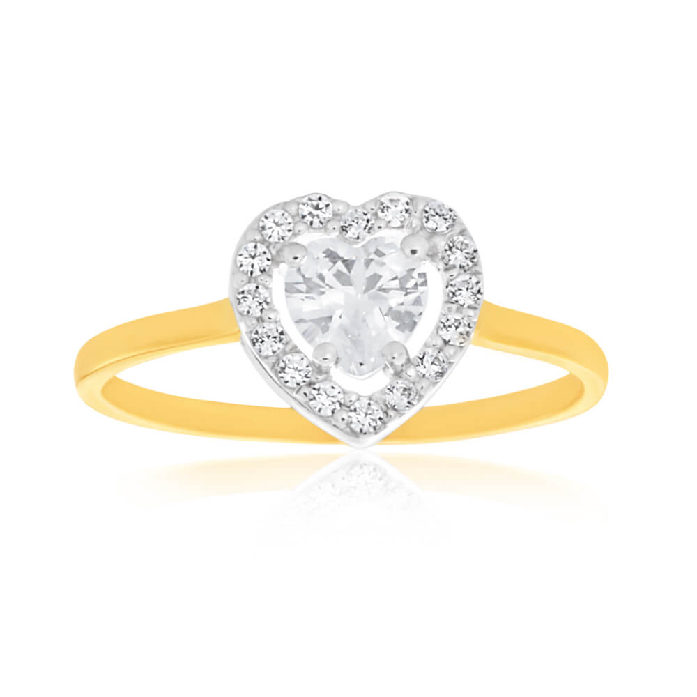 Stunning 9ct Yellow and White Gold Cubic Zirconia Heart Halo Engagement Ring